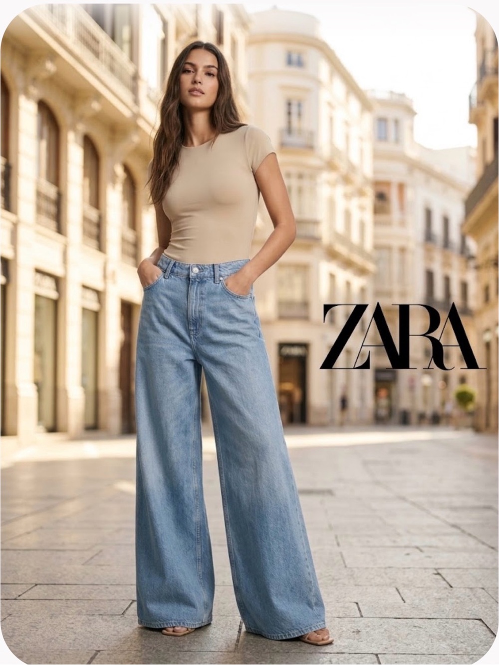 ZARA High Rise Extra Wide Leg Denim Jeans Medium Wash US 8 / EUR 40